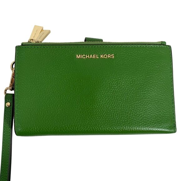 MICHAEL KORS Adele Double-Zip Green Leather Smart Phone Case Wallet Wristlet - Picture 1 of 13